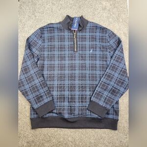 NAUTICA Sweater Men XXL Blue Plaid 1/4 Zip Pullover Embroidered Nautica Logo NWT